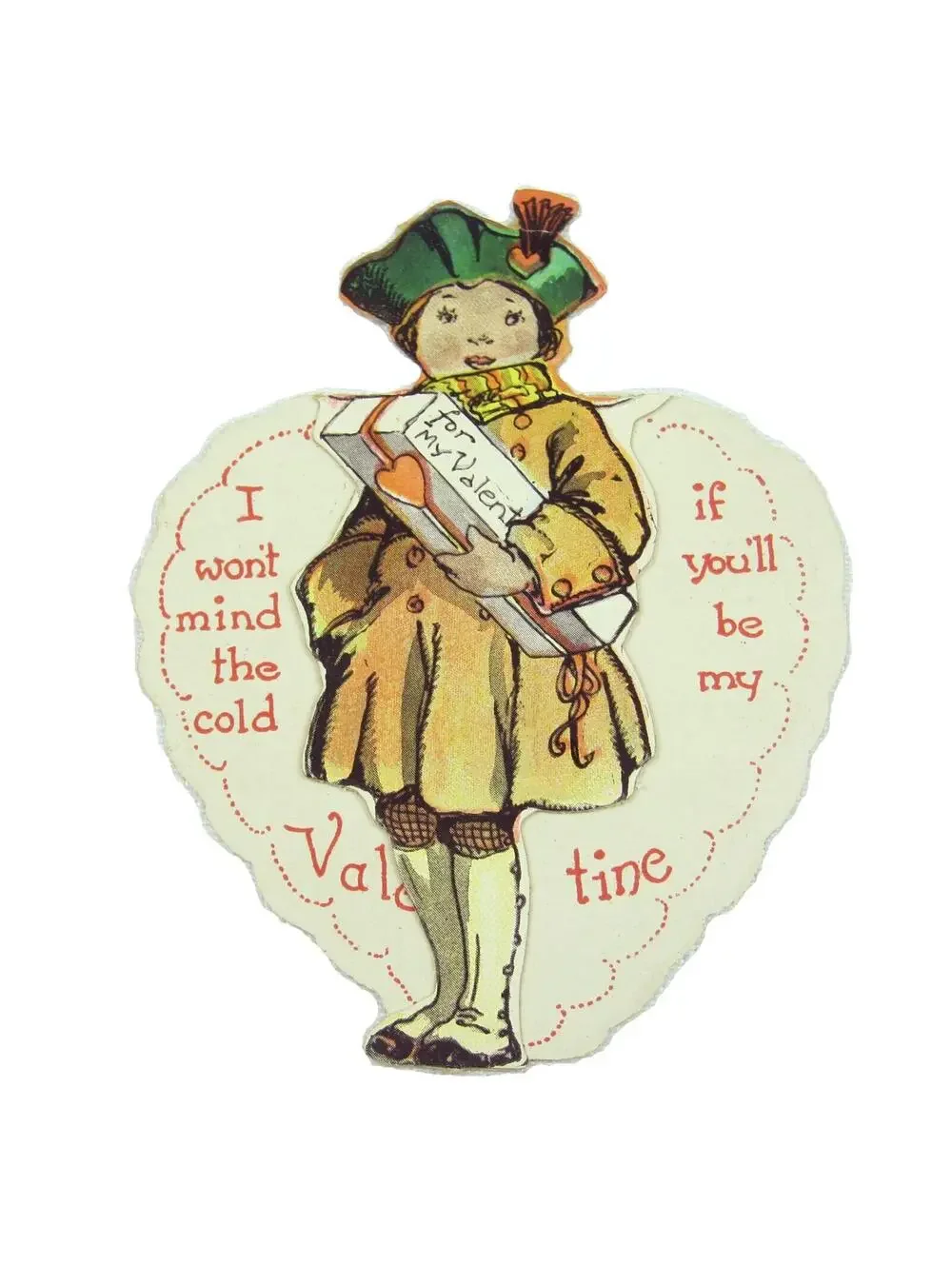 Vintage Valentine Black Americana Girl Green Beret Hat Red Heart Cutout Stand Up